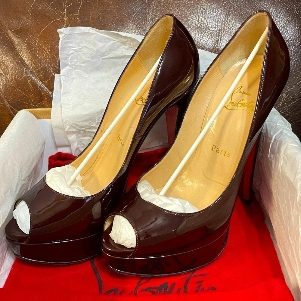 Christian Louboutin burgundy brown patent 150mm Lady Peep, peep toe pump…